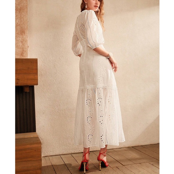 Boho White Eyelet Button 1/2 Sleeve Maxi Dress - Picture 5 of 5